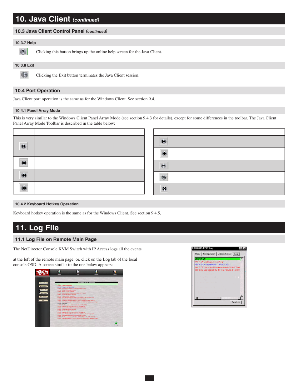 7 help, 8 exit, 4 port operation | 1 panel array mode, 2 keyboard hotkey operation, Log file, Java client | Tripp Lite 932845 User Manual | Page 35 / 45