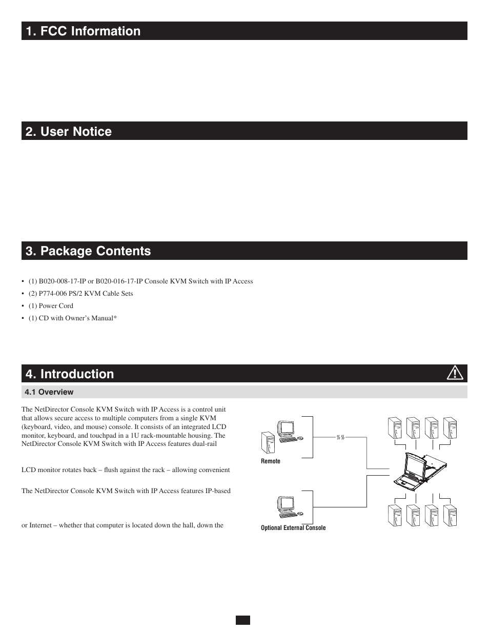 Fcc information, User notice, Package contents | Introduction, 1 overview, Fcc information 2. user notice 3. package contents | Tripp Lite 932845 User Manual | Page 4 / 45