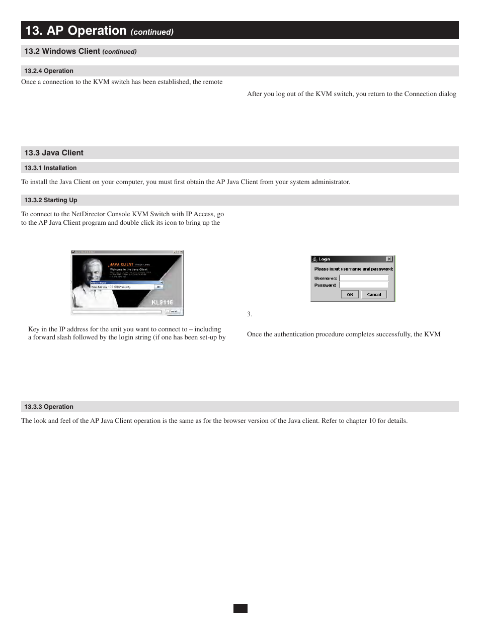 4 operation, 3 java client, 1 installation | 2 starting up, 3 operation, Ap operation | Tripp Lite 932845 User Manual | Page 41 / 45