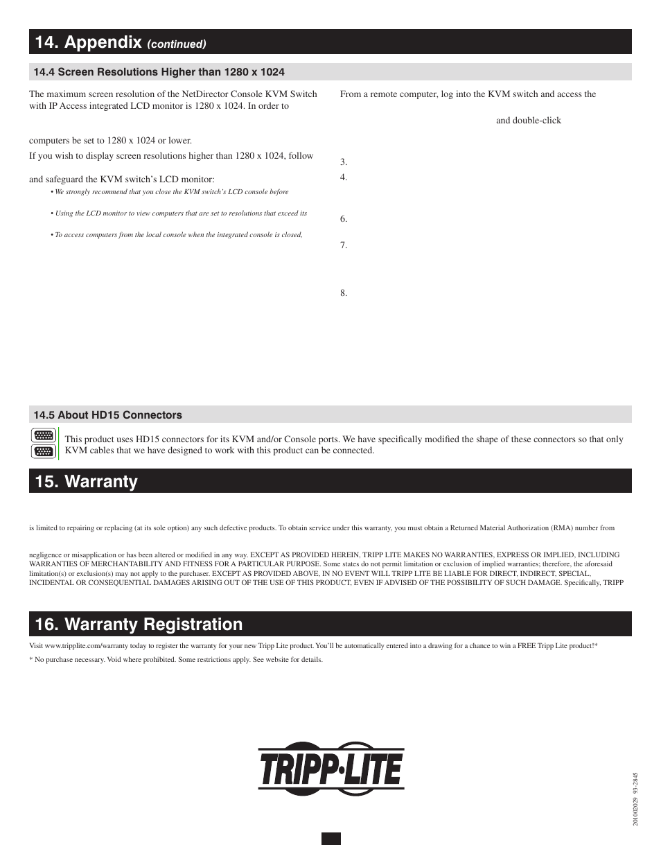 4 screen resolutions higher than 1280 x 1024, 5 about hd15 connectors, Warranty | Warranty registration, Appendix, Warranty 16. warranty registration | Tripp Lite 932845 User Manual | Page 45 / 45