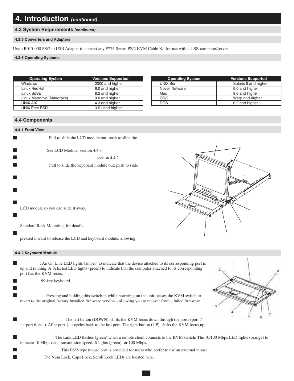 5 converters and adapters, 6 operating systems, 4 components | 1 front view, 2 keyboard module, Introduction | Tripp Lite 932845 User Manual | Page 6 / 45