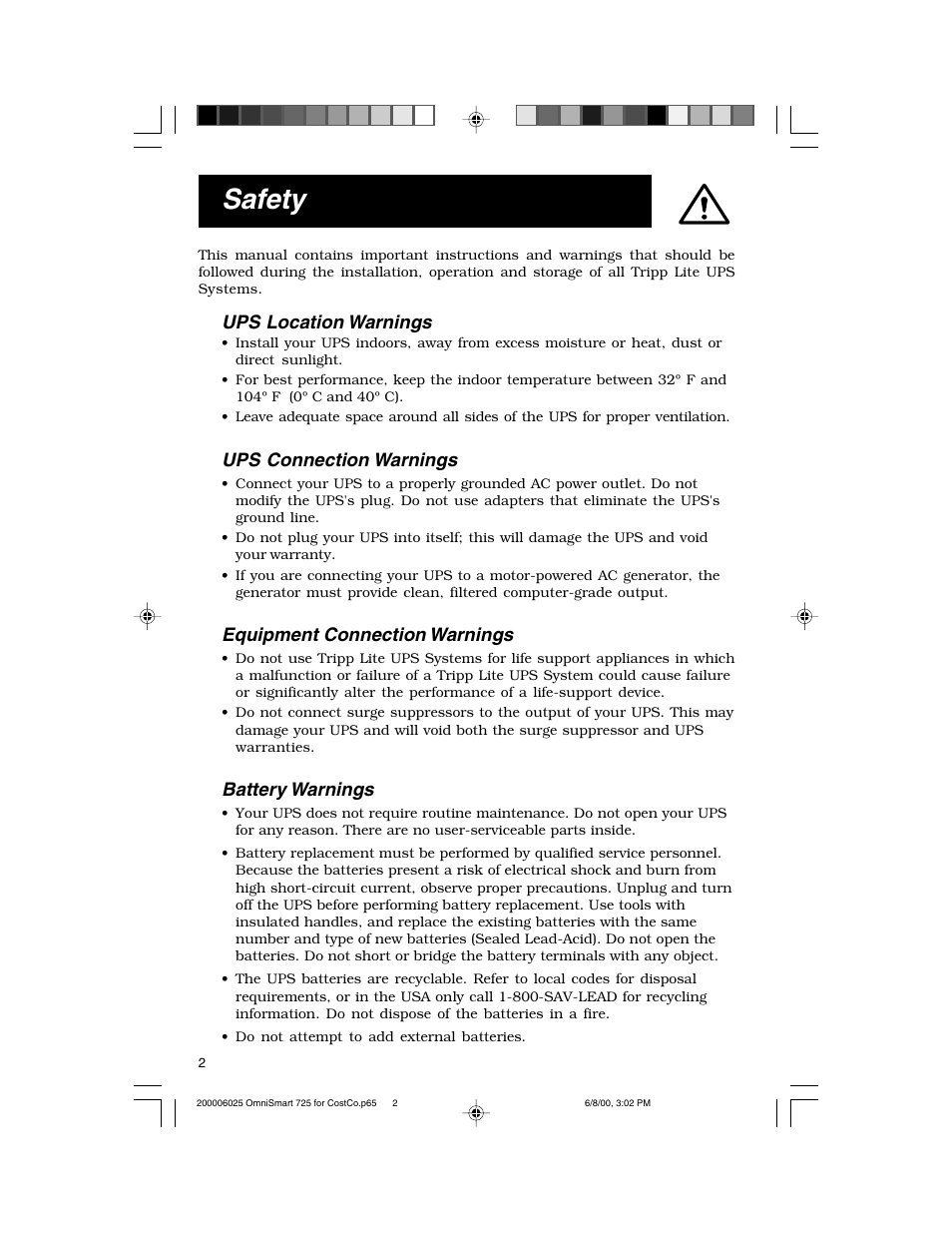 Safety, Ups location warnings, Ups connection warnings | Equipment connection warnings, Battery warnings | Tripp Lite OmniSmart 725 User Manual | Page 2 / 6