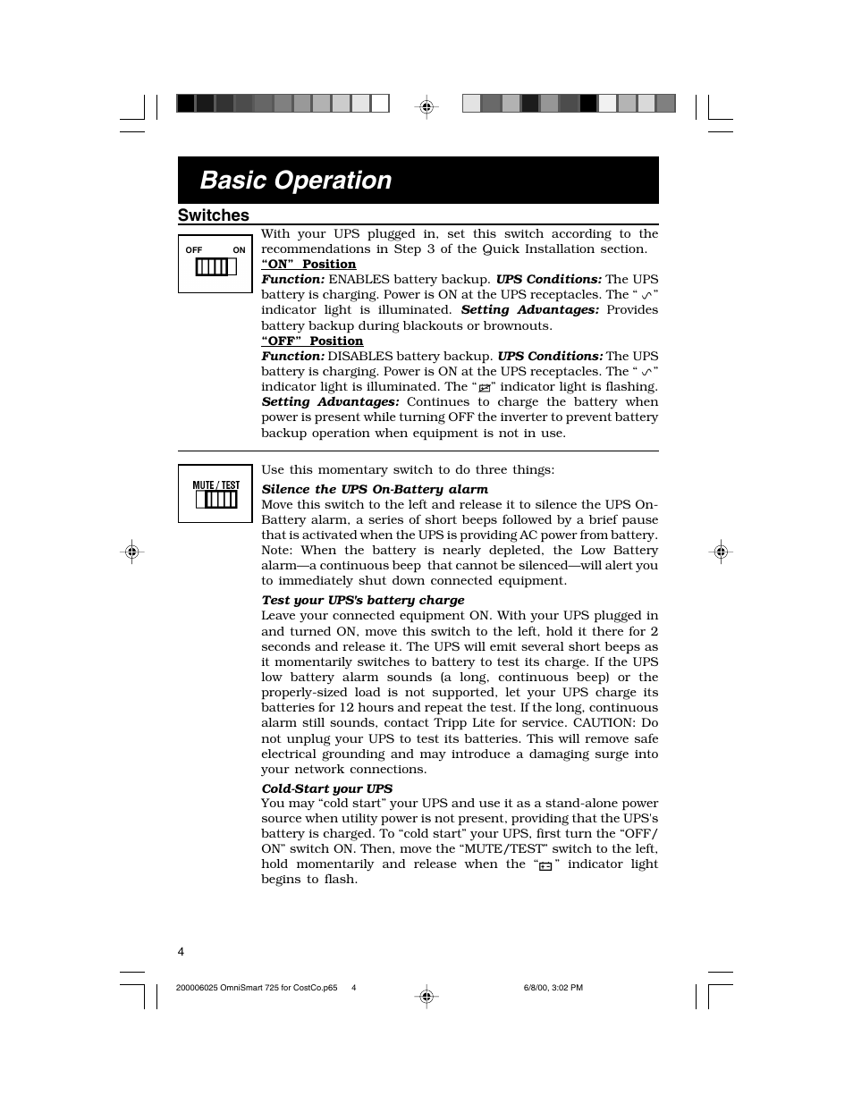 Basic operation, Switches | Tripp Lite OmniSmart 725 User Manual | Page 4 / 6