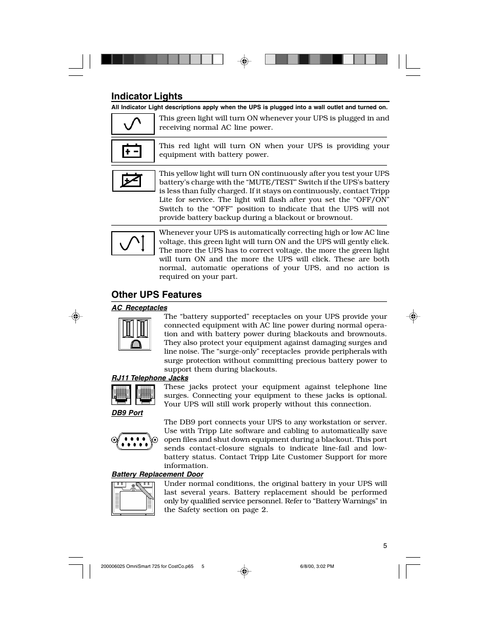 Indicator lights, Other ups features | Tripp Lite OmniSmart 725 User Manual | Page 5 / 6
