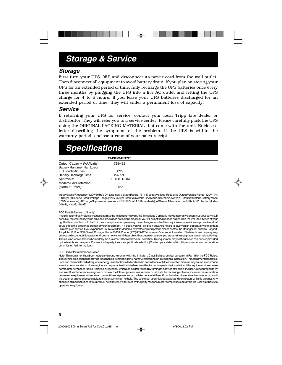 Storage & service, Specifications, Storage | Service | Tripp Lite OmniSmart 725 User Manual | Page 6 / 6