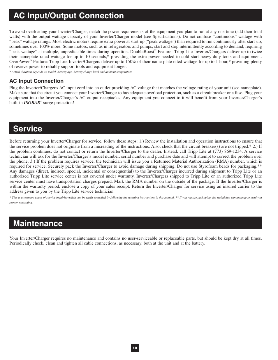 Ac input/output connection service, Maintenance | Tripp Lite APSX User Manual | Page 10 / 45