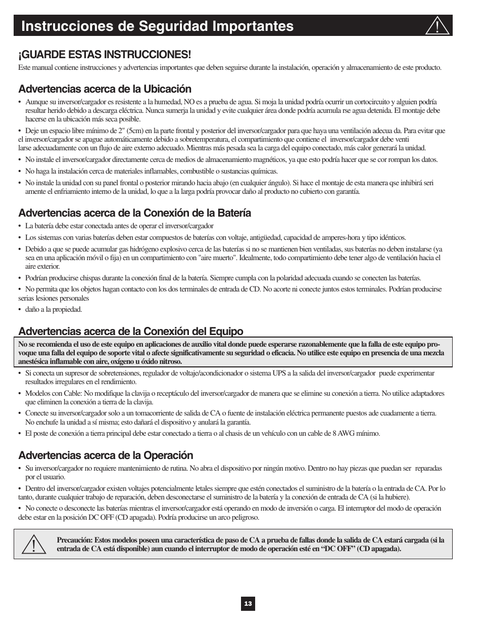 Instrucciones de seguridad importantes, Guarde estas instrucciones, Advertencias acerca de la ubicación | Advertencias acerca de la conexión de la batería, Advertencias acerca de la conexión del equipo, Advertencias acerca de la operación | Tripp Lite APSX User Manual | Page 13 / 45