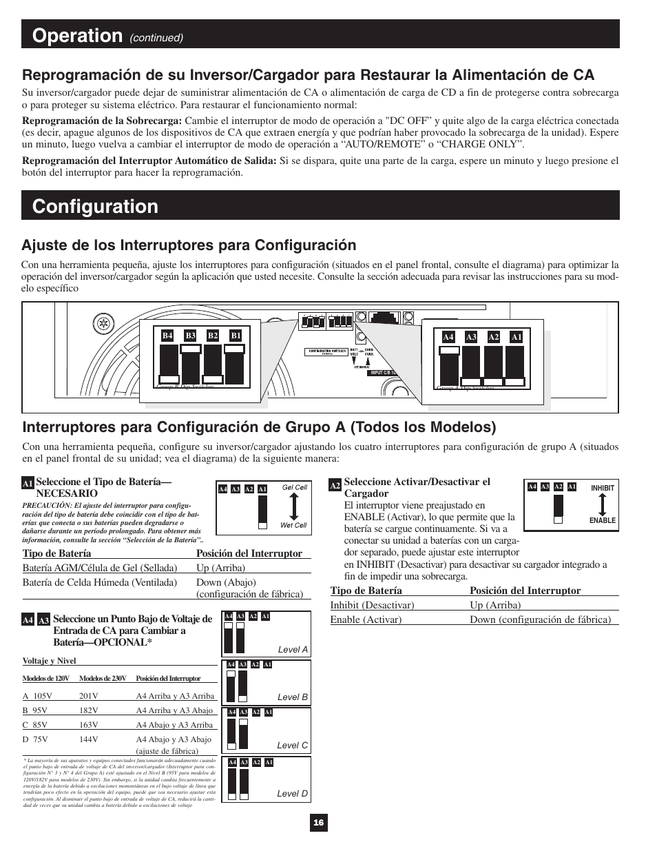 Configuration, Operation, Ajuste de los interruptores para configuración | Tripp Lite APSX User Manual | Page 16 / 45