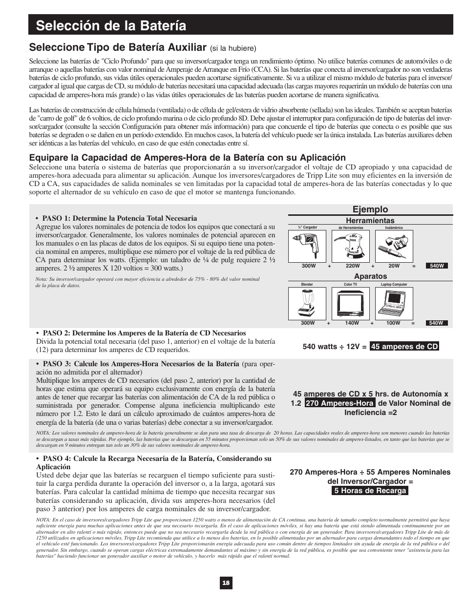 Selección de la batería, Seleccione tipo de batería auxiliar, Ejemplo | Tripp Lite APSX User Manual | Page 18 / 45