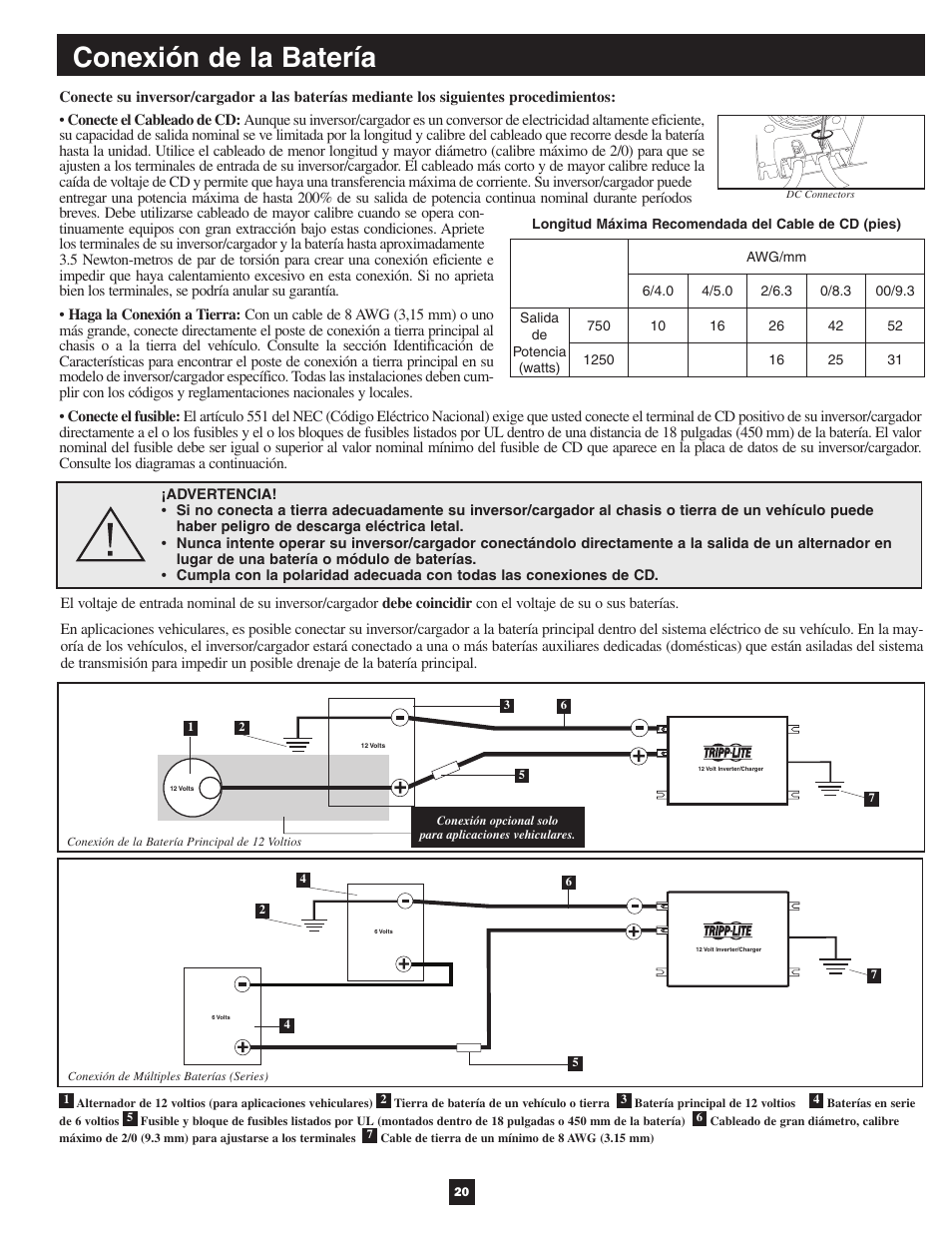 Conexión de la batería | Tripp Lite APSX User Manual | Page 20 / 45