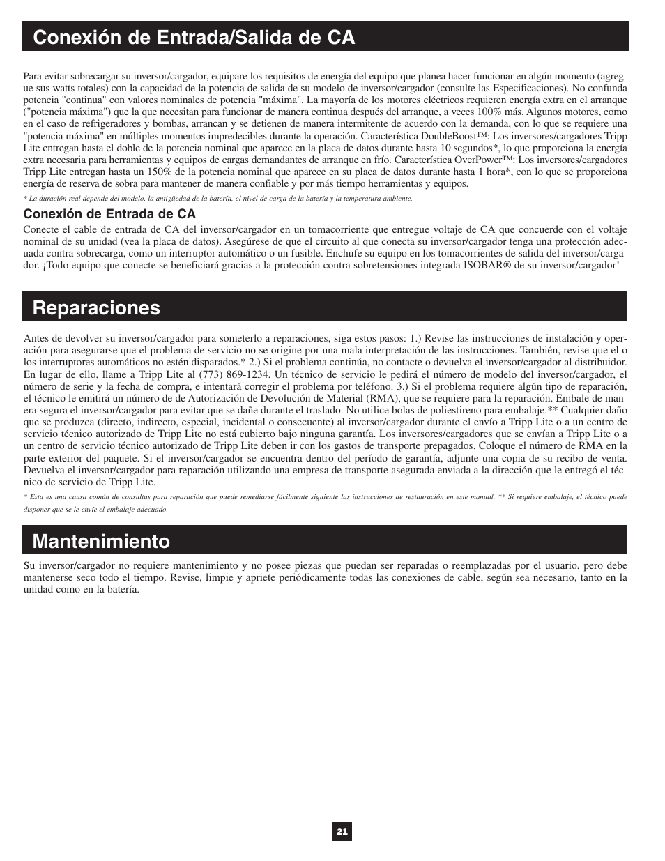 Conexión de entrada/salida de ca reparaciones, Mantenimiento | Tripp Lite APSX User Manual | Page 21 / 45