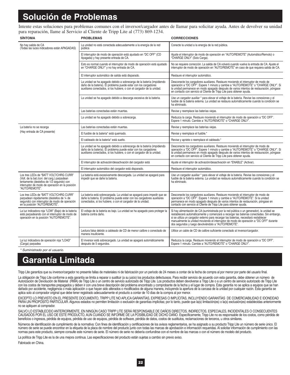 Solución de problemas garantía limitada | Tripp Lite APSX User Manual | Page 22 / 45