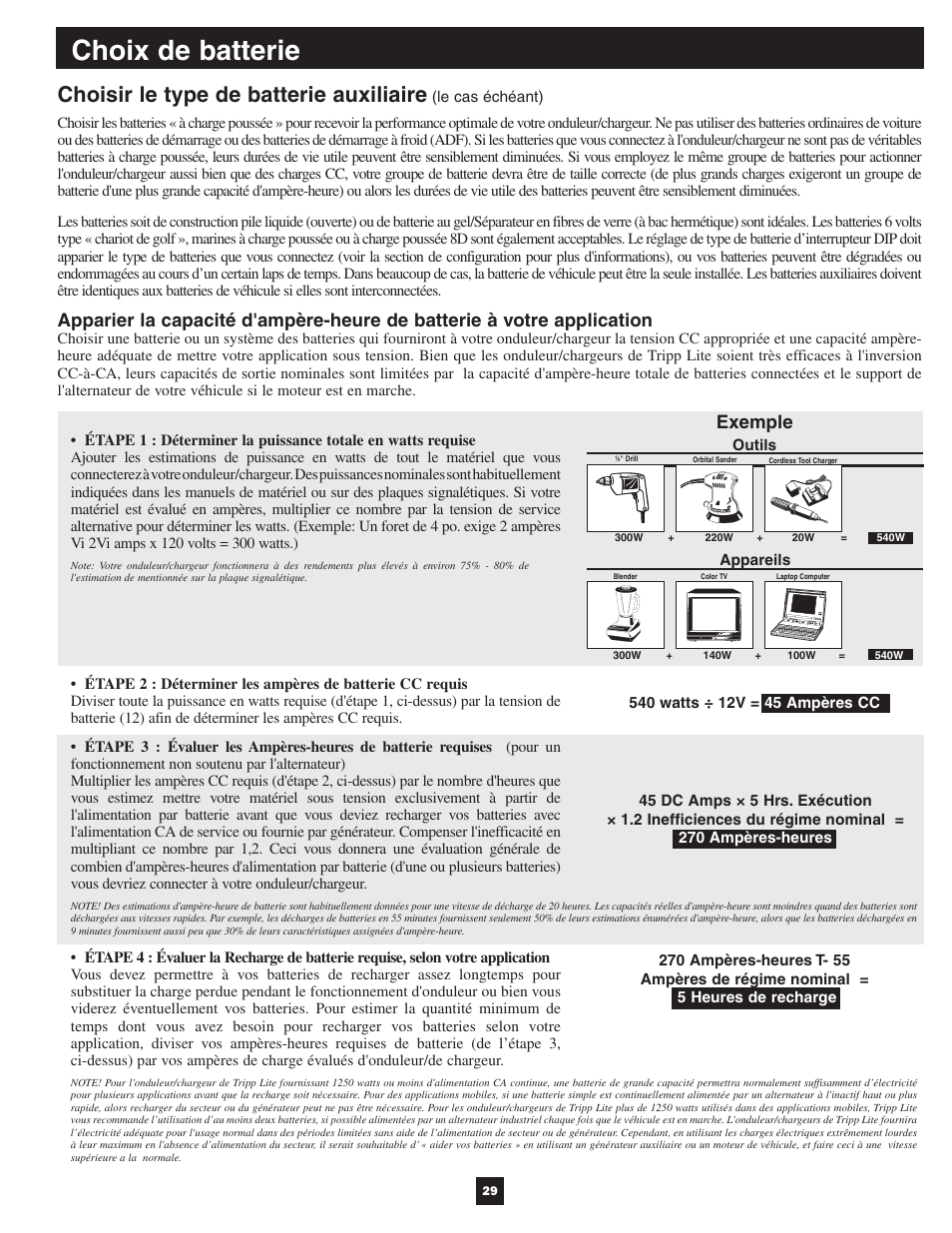 Choix de batterie, Choisir le type de batterie auxiliaire, Exemple | Tripp Lite APSX User Manual | Page 29 / 45