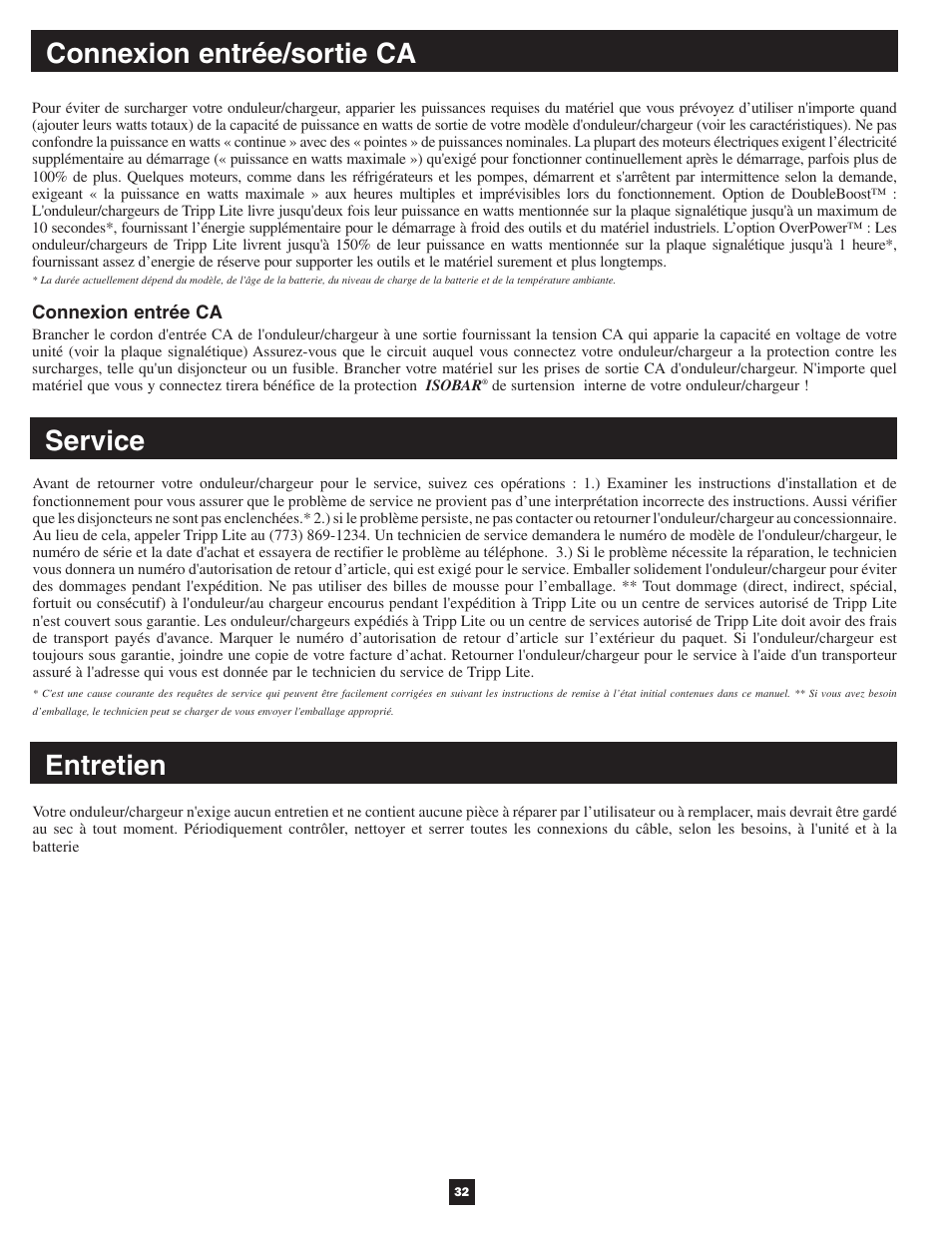 Connexion entrée/sortie ca service, Entretien | Tripp Lite APSX User Manual | Page 32 / 45