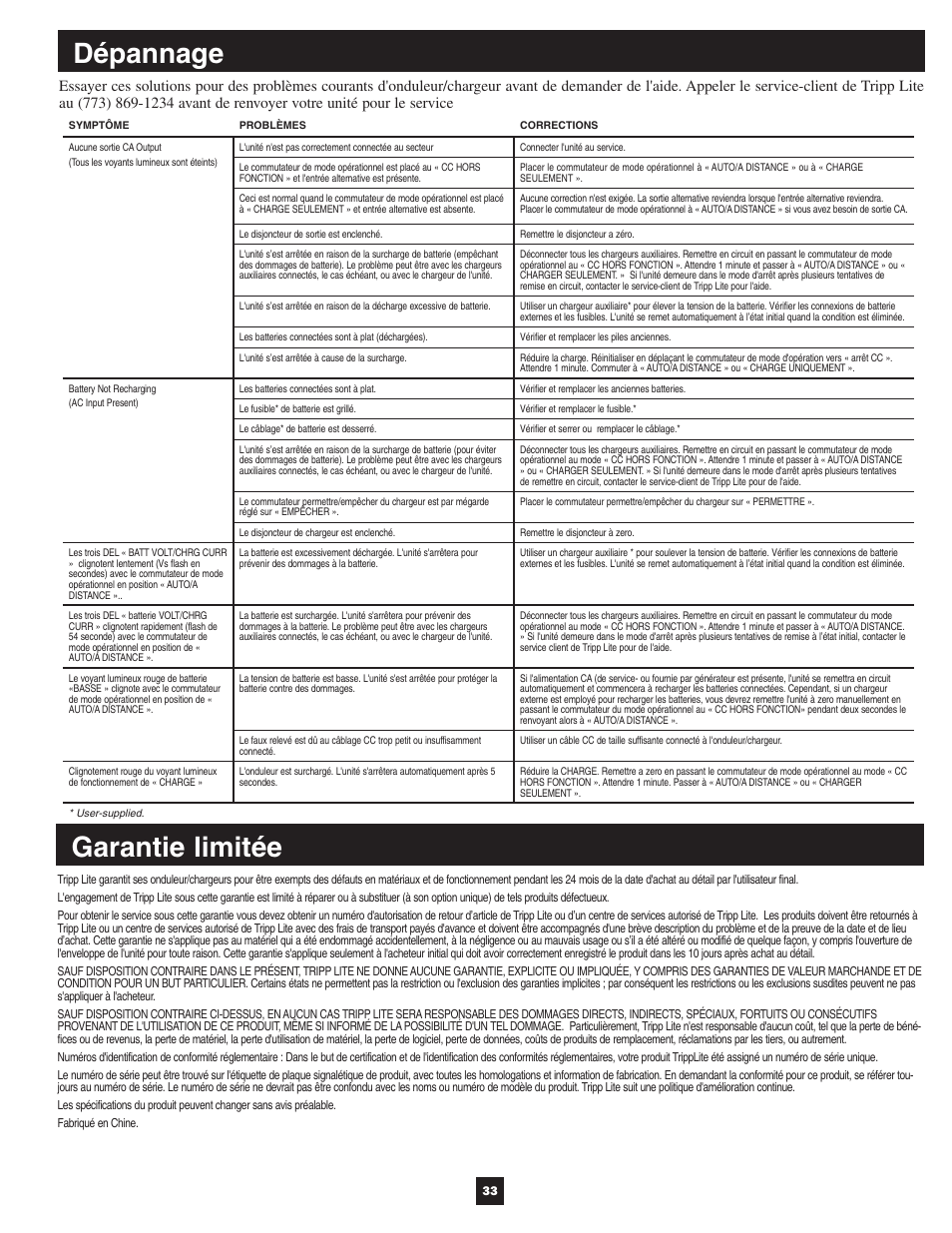 Dépannage, Garantie limitée | Tripp Lite APSX User Manual | Page 33 / 45