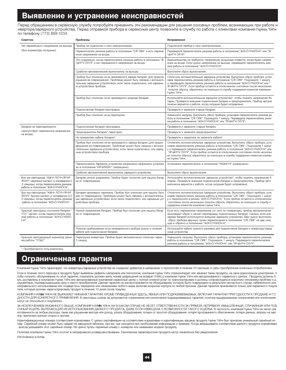 Выявление и устранение неисправностей, Ограниченная гарантия | Tripp Lite APSX User Manual | Page 44 / 45