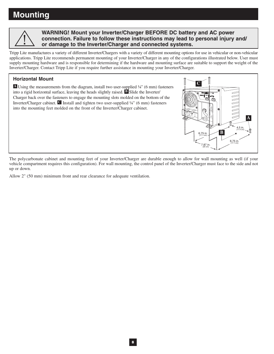 Mounting, Horizontal mount | Tripp Lite APSX User Manual | Page 8 / 45