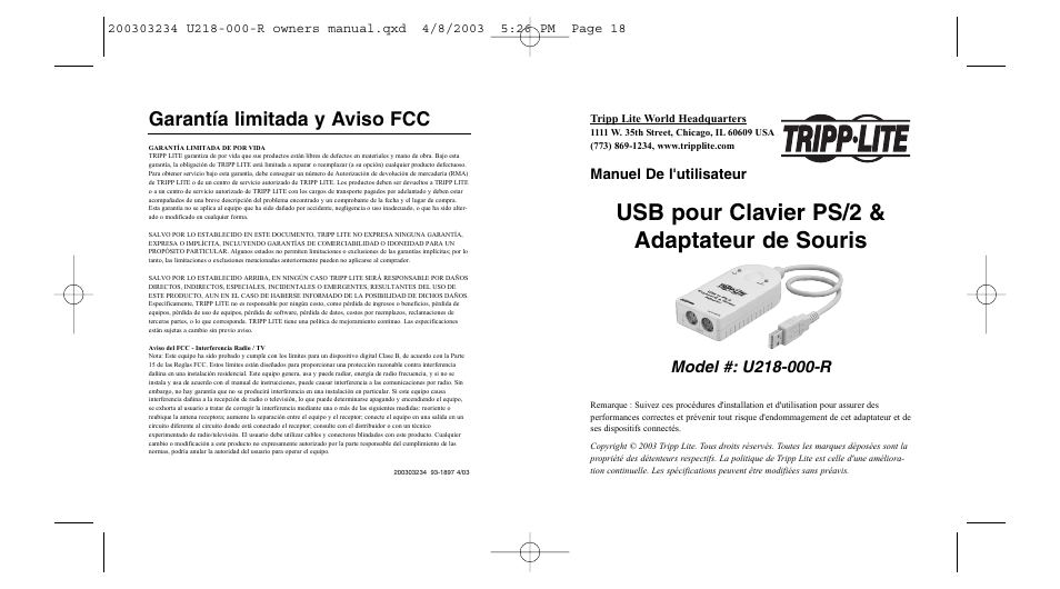 Usb pour clavier ps/2 & adaptateur de souris, Garantía limitada y aviso fcc | Tripp Lite U218-000-R User Manual | Page 10 / 14