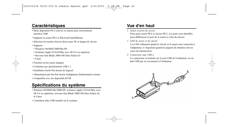 Caractéristiques, Spécifications du système, Vue d'en haut | Tripp Lite U218-000-R User Manual | Page 11 / 14