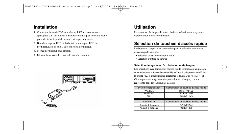 Installation, Utilisation, Sélection de touches d'accès rapide | Tripp Lite U218-000-R User Manual | Page 12 / 14