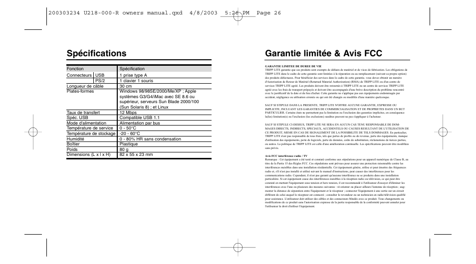 Spécifications, Garantie limitée & avis fcc | Tripp Lite U218-000-R User Manual | Page 14 / 14