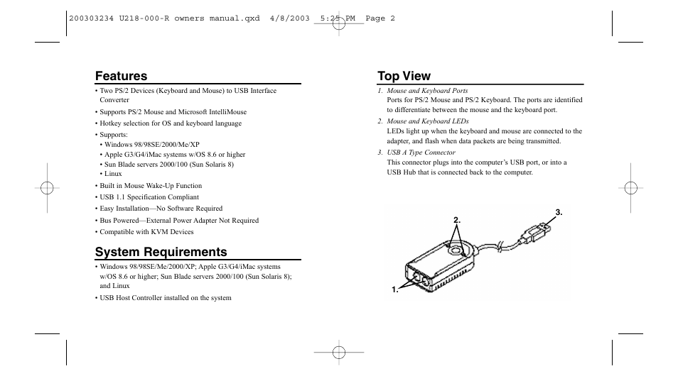 Features, System requirements, Top view | Tripp Lite U218-000-R User Manual | Page 2 / 14