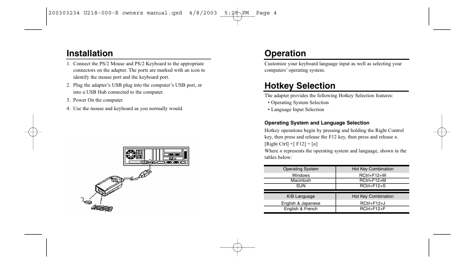 Installation, Operation, Hotkey selection | Tripp Lite U218-000-R User Manual | Page 3 / 14