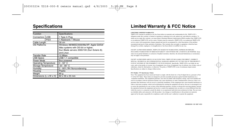 Limited warranty & fcc notice, Specifications | Tripp Lite U218-000-R User Manual | Page 5 / 14