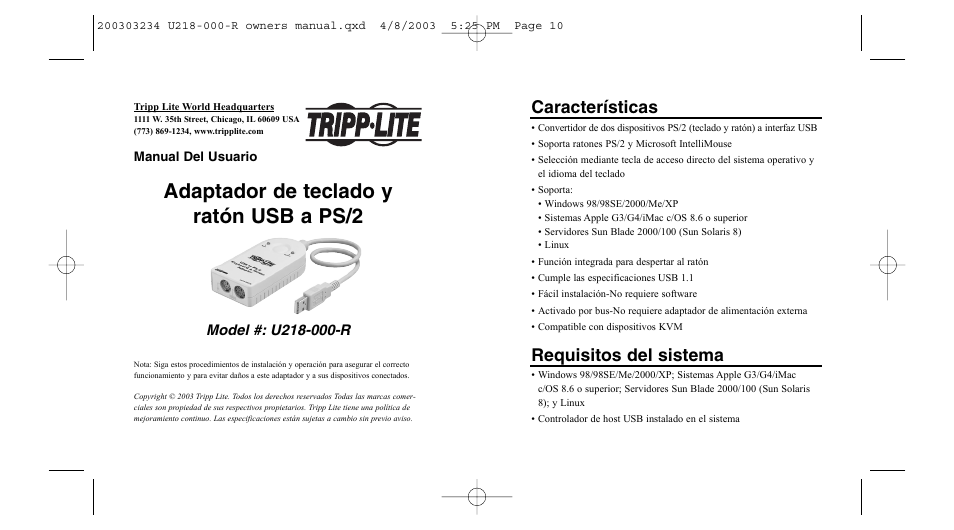 Adaptador de teclado y ratón usb a ps/2, Características, Requisitos del sistema | Tripp Lite U218-000-R User Manual | Page 6 / 14