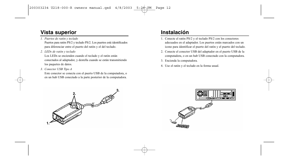 Vista superior, Instalación | Tripp Lite U218-000-R User Manual | Page 7 / 14