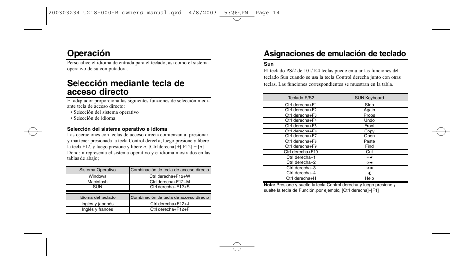 Operación, Selección mediante tecla de acceso directo, Asignaciones de emulación de teclado | Tripp Lite U218-000-R User Manual | Page 8 / 14