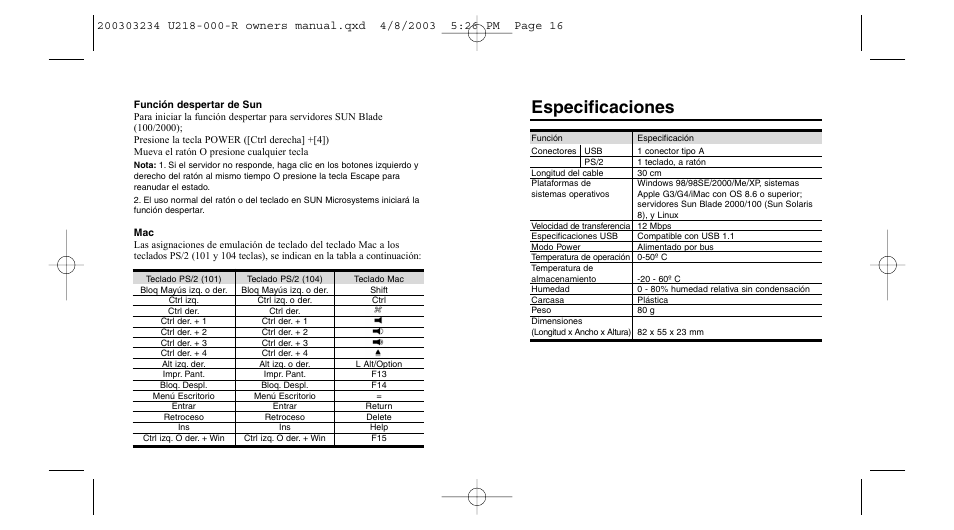 Especificaciones | Tripp Lite U218-000-R User Manual | Page 9 / 14