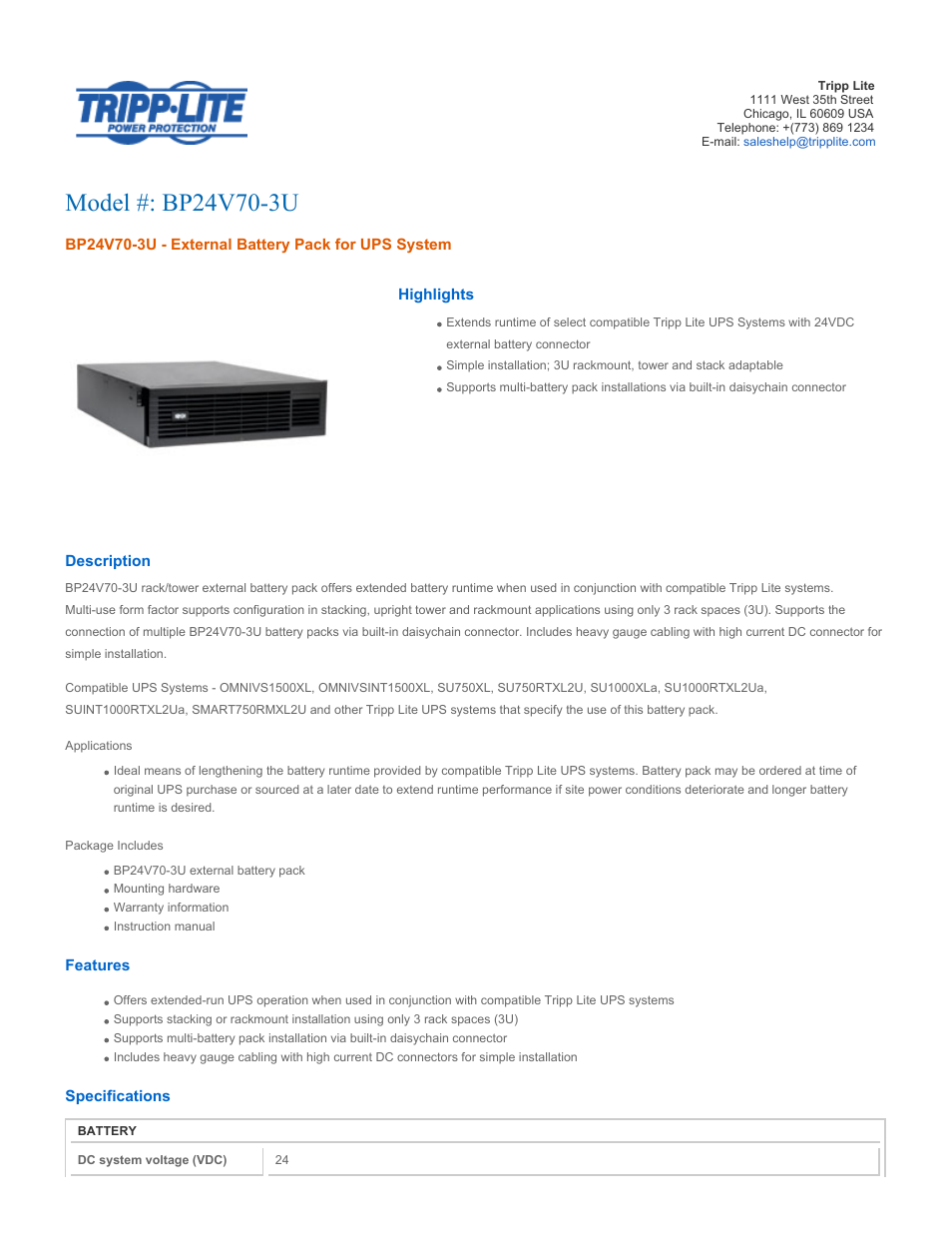 Tripp Lite BP24V70-3U User Manual | 2 pages