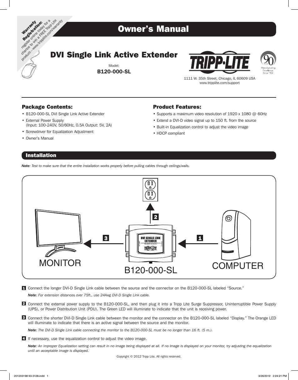 Tripp Lite DVI SINGLE LINK ACTIVE EXTENDER B120-000-SL User Manual | 2 pages