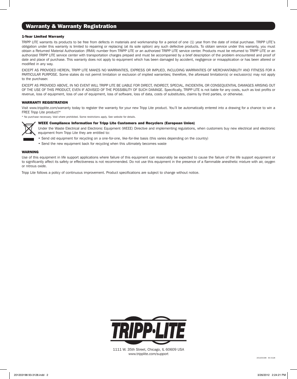 Warranty & warranty registration | Tripp Lite DVI SINGLE LINK ACTIVE EXTENDER B120-000-SL User Manual | Page 2 / 2