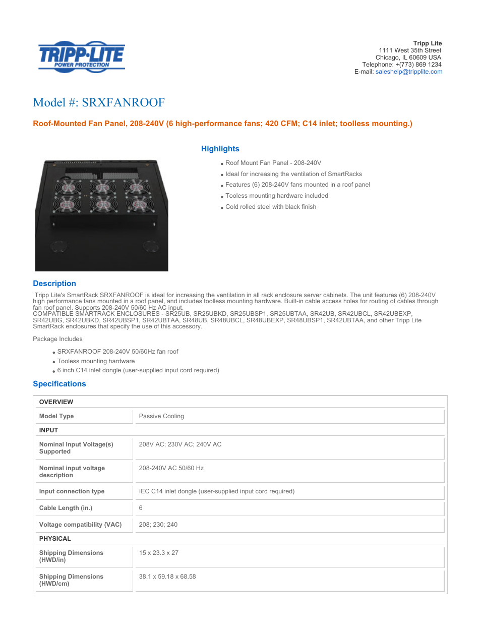 Tripp Lite SRXFANROOF User Manual | 2 pages