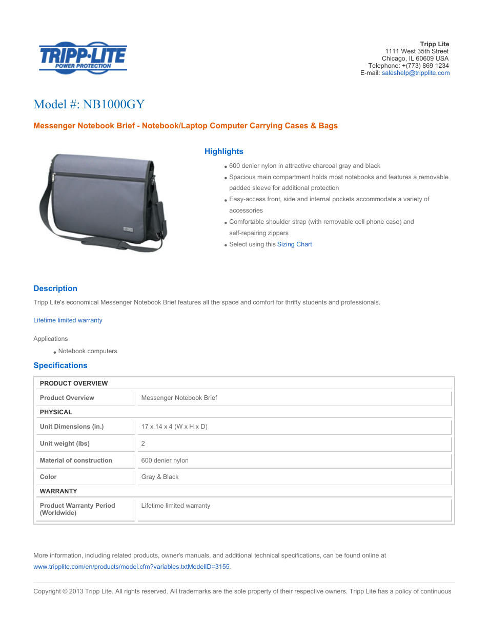 Tripp Lite NB1000GY User Manual | 2 pages