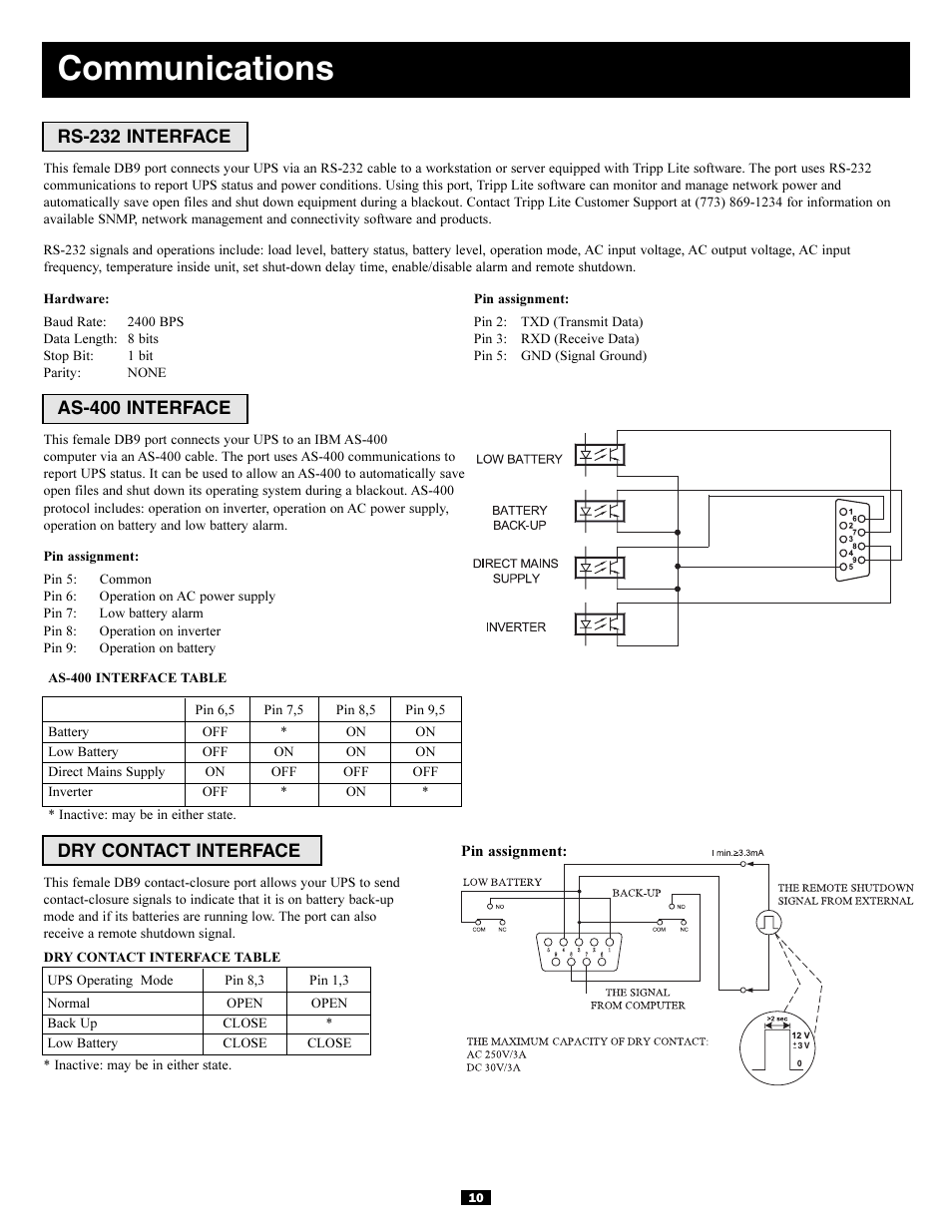 Communications, Rs-232 interface, As-400 interface | Dry contact interface | Tripp Lite 3-Phase 20kVA User Manual | Page 10 / 56