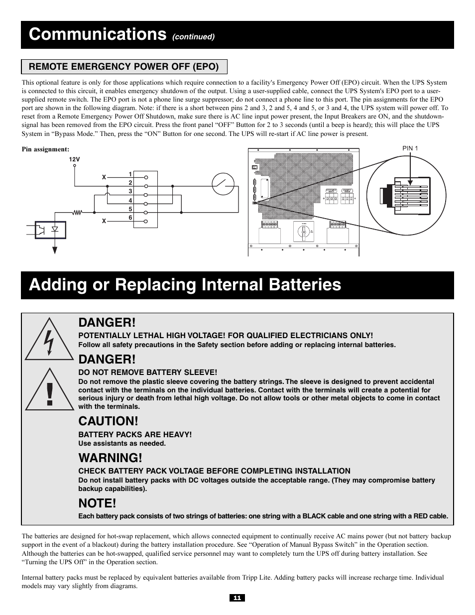 Communications, Adding or replacing internal batteries, Danger | Caution, Warning | Tripp Lite 3-Phase 20kVA User Manual | Page 11 / 56