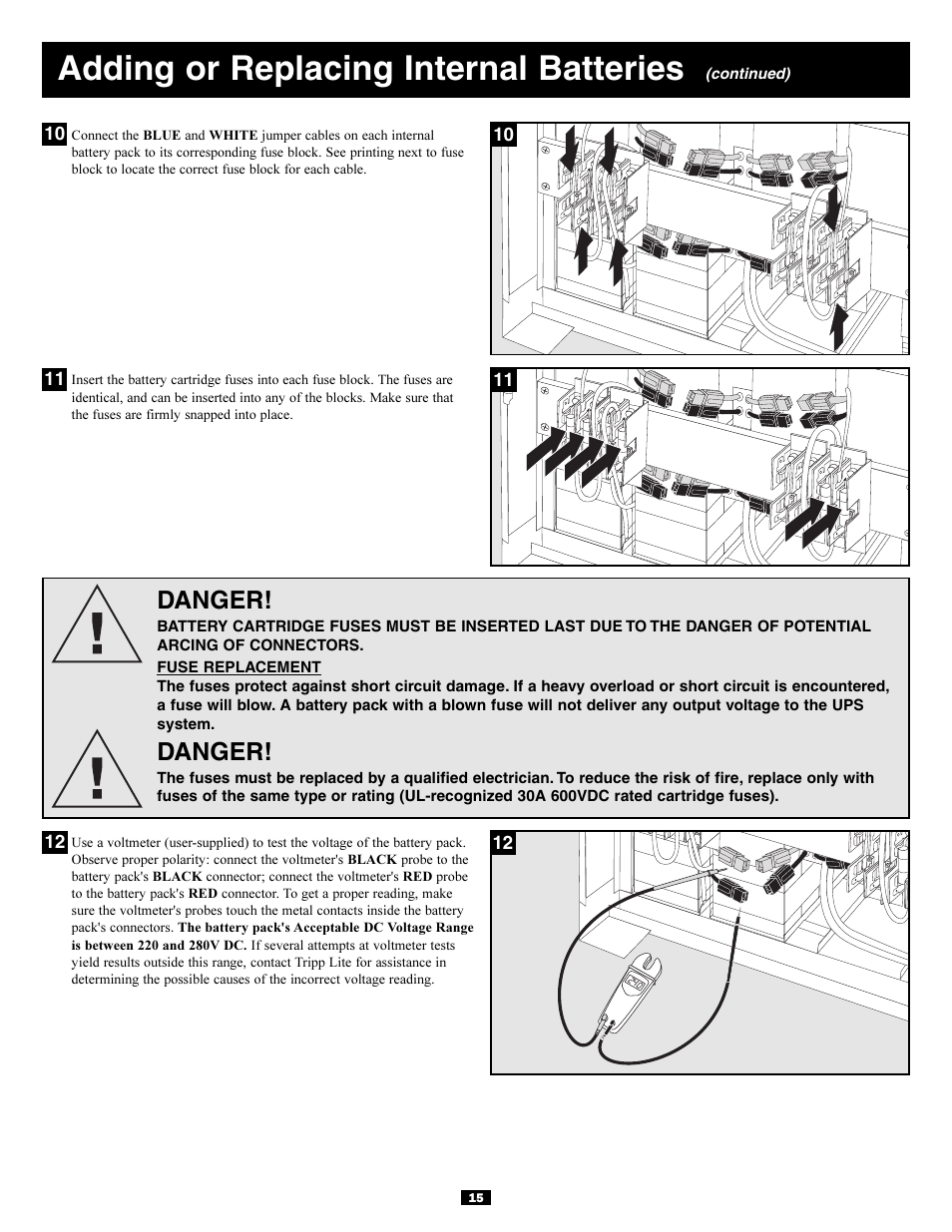 Adding or replacing internal batteries, Danger | Tripp Lite 3-Phase 20kVA User Manual | Page 15 / 56