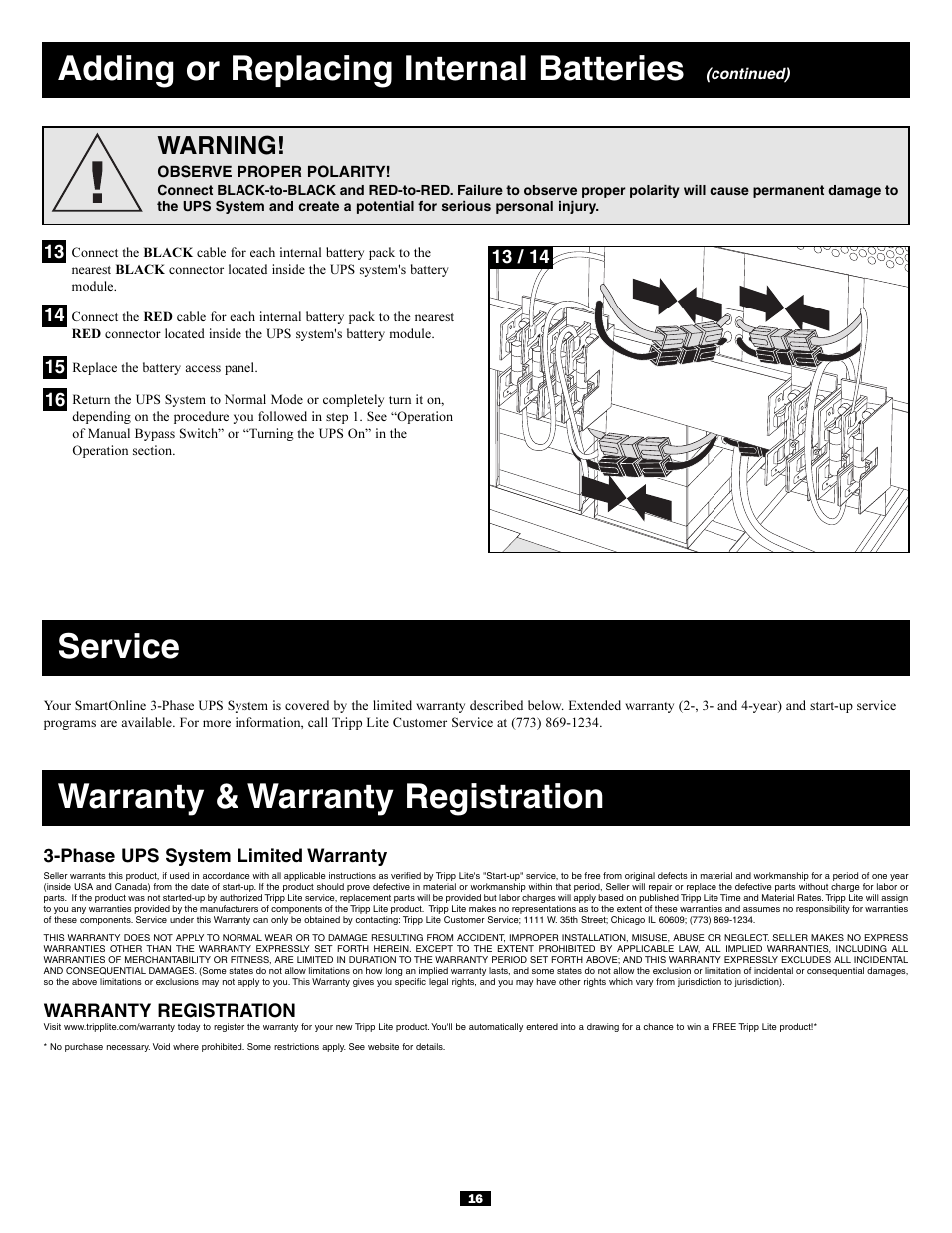 Service, Warranty & warranty registration, Adding or replacing internal batteries | Warning | Tripp Lite 3-Phase 20kVA User Manual | Page 16 / 56