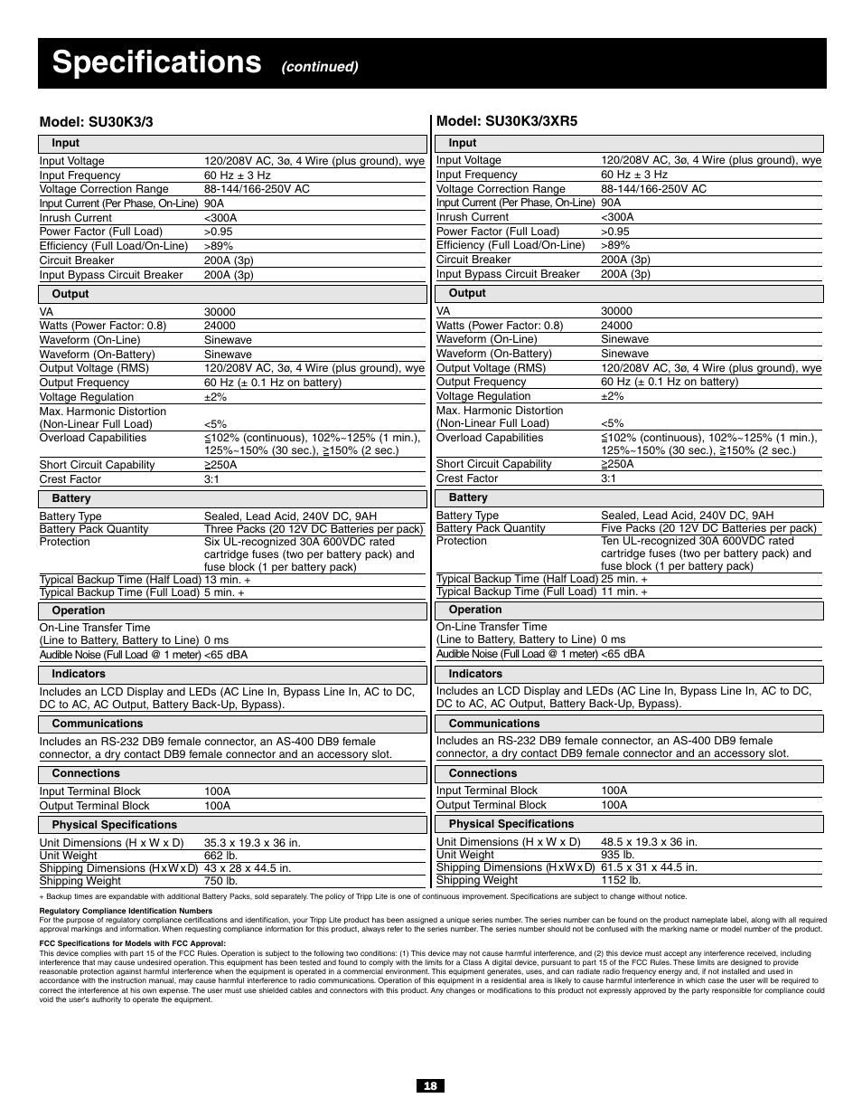 Specifications | Tripp Lite 3-Phase 20kVA User Manual | Page 18 / 56