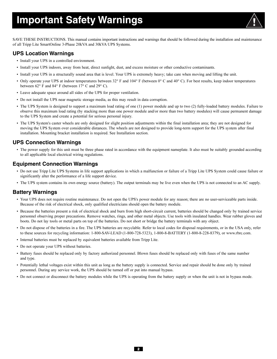 Important safety warnings | Tripp Lite 3-Phase 20kVA User Manual | Page 2 / 56