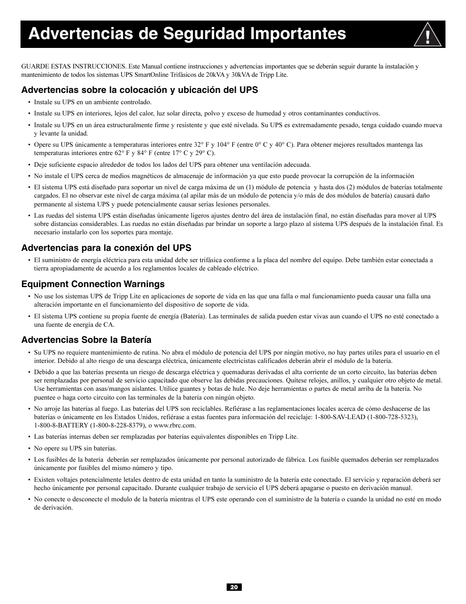 Advertencias de seguridad importantes | Tripp Lite 3-Phase 20kVA User Manual | Page 20 / 56