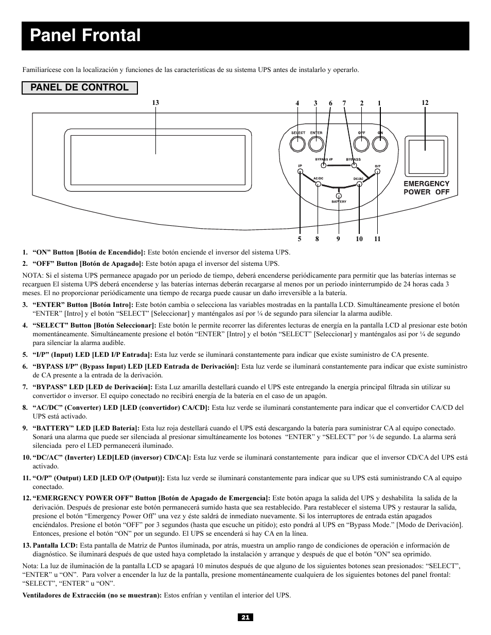 Panel frontal, Panel de control | Tripp Lite 3-Phase 20kVA User Manual | Page 21 / 56