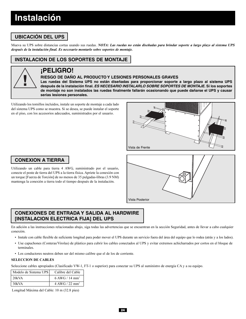 Instalación, Peligro | Tripp Lite 3-Phase 20kVA User Manual | Page 24 / 56