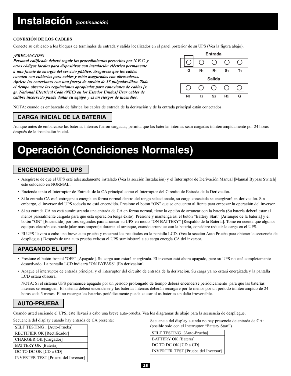 Instalación, Operación (condiciones normales), Carga inicial de la bateria | Encendiendo el ups, Apagando el ups, Auto-prueba | Tripp Lite 3-Phase 20kVA User Manual | Page 25 / 56