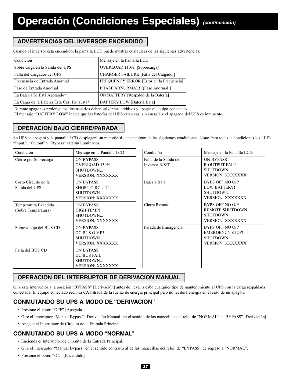 Operación (condiciones especiales) | Tripp Lite 3-Phase 20kVA User Manual | Page 27 / 56