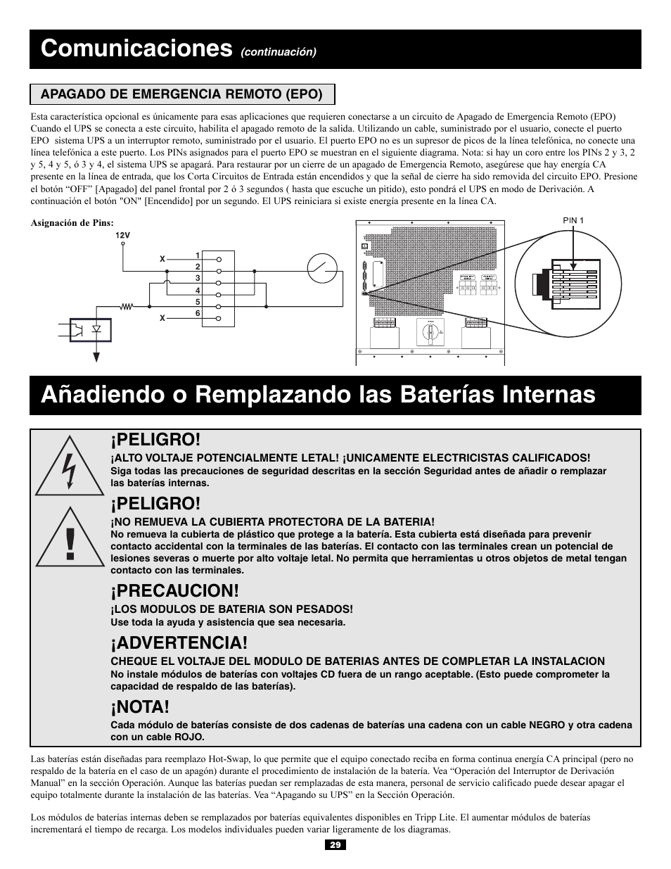 Comunicaciones, Añadiendo o remplazando las baterías internas, Peligro | Precaucion, Advertencia, Nota | Tripp Lite 3-Phase 20kVA User Manual | Page 29 / 56