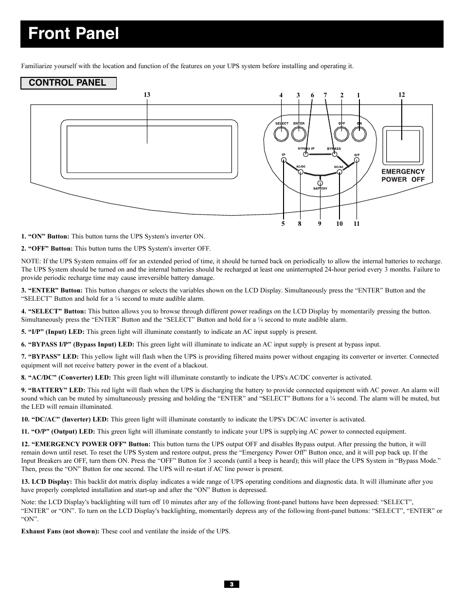 Front panel | Tripp Lite 3-Phase 20kVA User Manual | Page 3 / 56